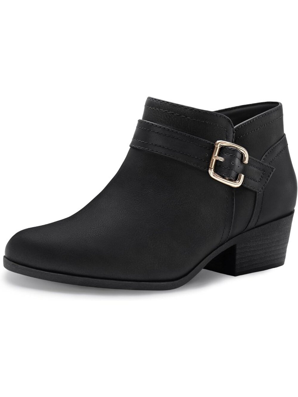 Women's Black Polyurethane (PU) Pointed Toe Side Zipper Low Heel Ankle Boots